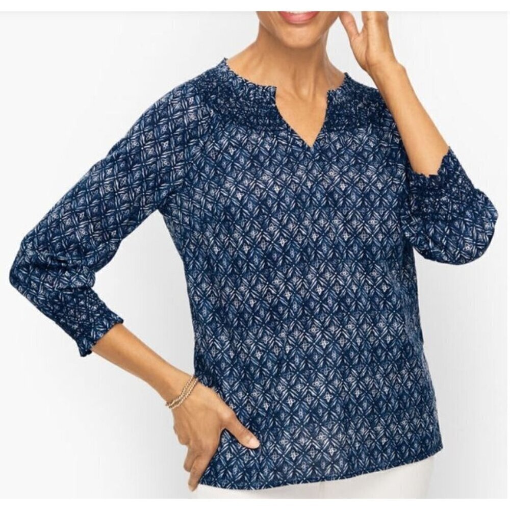 Talbots Top Womens Large Blue Geometric Print Smocked Neck Cotton Boho